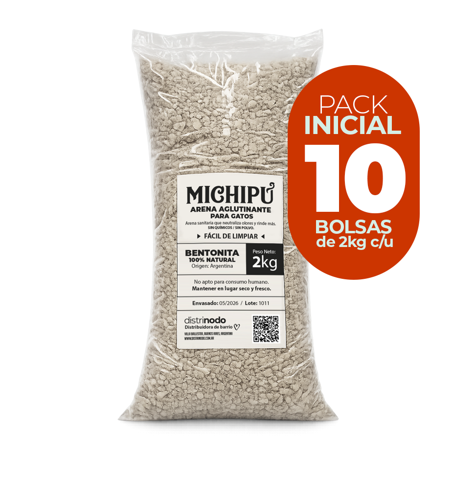 Michipú pack mayorista x10 bolsas de 2kg – 20kg de arena sanitaria para gatos