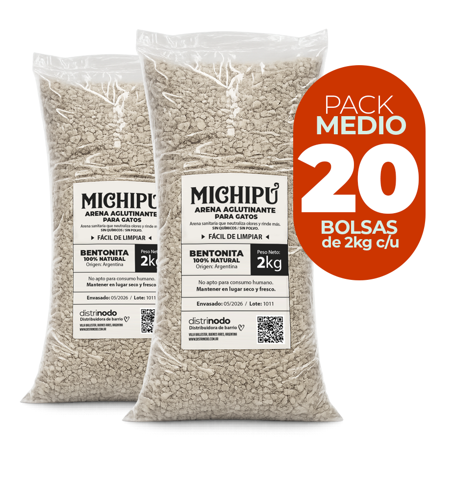 Michipú pack mayorista x20 bolsas de 2kg – 40kg de arena sanitaria para veterinarias y petshops
